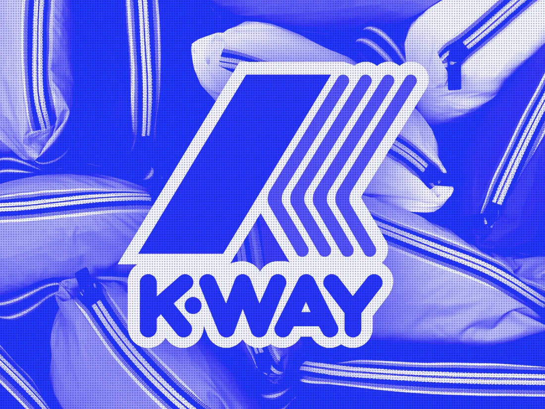 K-Way jackets packed into their pouches, with the striped zip and the K-Way mark, in cobalt and paper